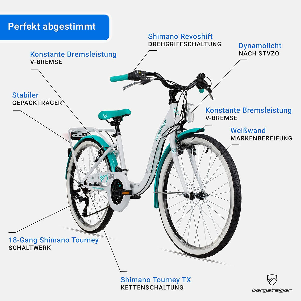 2026 Bergsteiger Atlantis 20, 24 Zoll Kinderfahrrad, geeignet für 6,7, 8, 9, 10, 11 Jahre, StVZO, Shimano Schaltung, Mädchen-Fahrrad mit Dynamo-Licht
