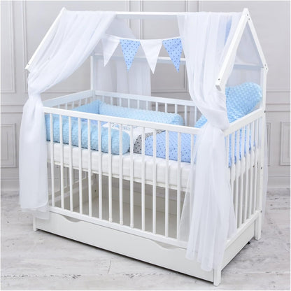 2026 Baby Delux Babybett Komplett Set Hausbett 60x120 cm weiß Schublade Rausfallschutz Kinderbett Matratze Bettwäsche Deko Set (Prince Stars)