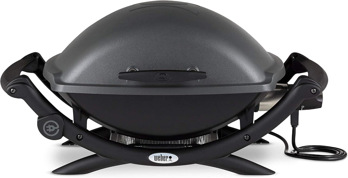 2026 Weber Q2400 Elekrogrill mit Seitentischen, 54 x 39cm Grillfäche, portable, 2-geteilter porzellanemaillierter Guss-Grillrost, Aluminiumguss Deckel & Gehäuse - Dark Grey (55020079)