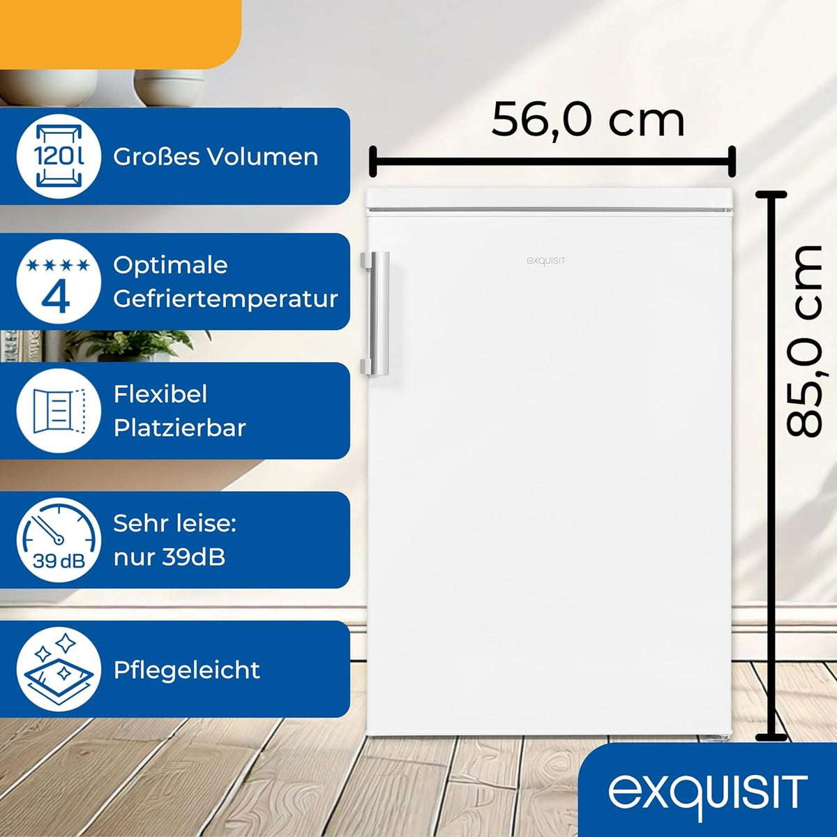 2026 Exquisit Kühlschrank mit Gefrierfach, 120 Liter, 4-Sterne-Gefrierfach, Kühlschrank freistehend, KS516-4-H-010D weiss