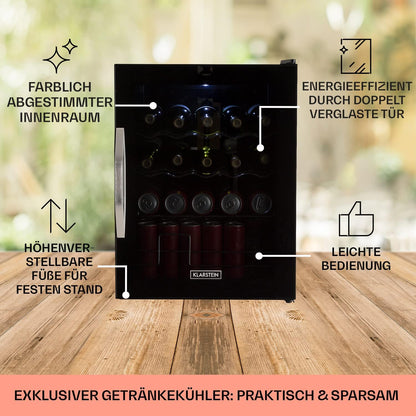 2026 Klarstein Mini Kühlschrank mit Glastür für Zimmer, Getrnkekühlschrank mit Verstellbaren Ablagen, Kleiner 80 Liter, Indoor/Outdoor Kühlschrank Leise