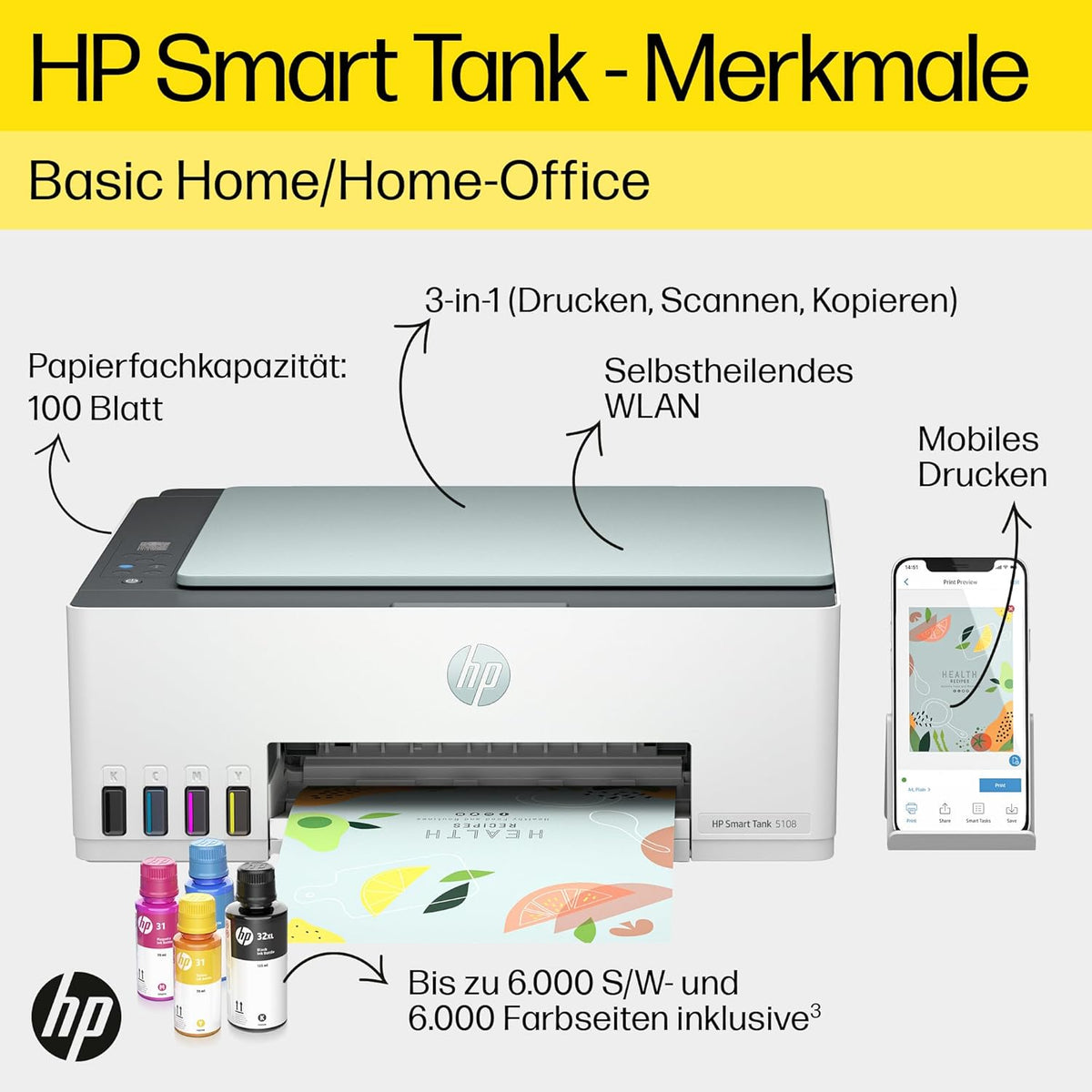 2026 HP Smart Tank 7605 4-in-1 Multifunktionsdrucker (WLAN; Duplex; ADF) – 3 Jahre Tinte inklusive, 3 Jahre Garantie, großer Tintentank, hohe Reichweite, Drucken in hoher Qualität