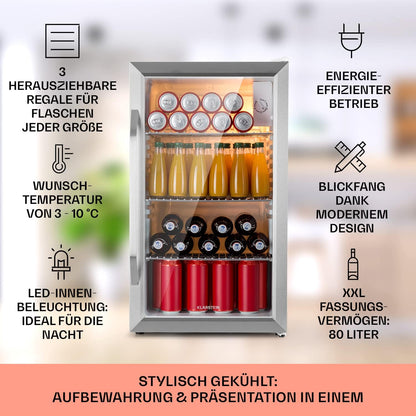2026 Klarstein Mini Kühlschrank mit Glastür für Zimmer, Getrnkekühlschrank mit Verstellbaren Ablagen, Kleiner 80 Liter, Indoor/Outdoor Kühlschrank Leise