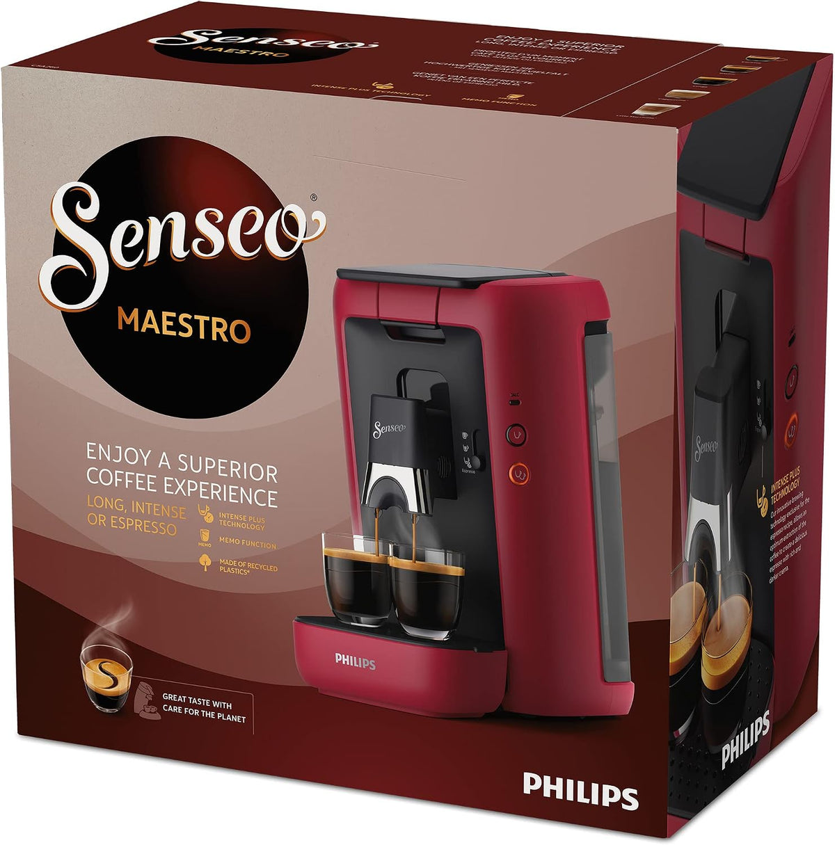 2026 Philips Senseo Maestro Kaffeepadmaschine mit Kaffeestärkewahl und Memo-Funktion, 1,2 Liter Wasserbehälter, Grünes Produkt, Farbe: Rot (CSA260/90)