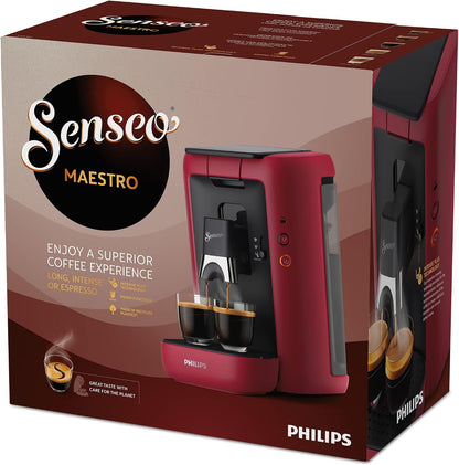 2026 Philips Senseo Maestro Kaffeepadmaschine mit Kaffeestärkewahl und Memo-Funktion, 1,2 Liter Wasserbehälter, Grünes Produkt, Farbe: Rot (CSA260/90)