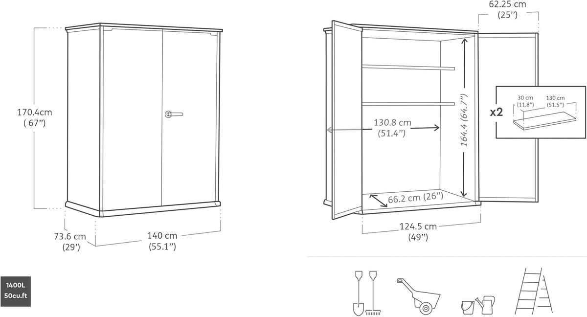 2026 Keter High Store Plus Aufbewahrungsbox, 1400l Fassungsvermögen, Außenmaße B/T/H 140x73,6x170,4cm, Duotech Material, anstreichbar, wasserdicht, wetterfest und pflegeleicht