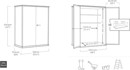 2026 Keter High Store Plus Aufbewahrungsbox, 1400l Fassungsvermögen, Außenmaße B/T/H 140x73,6x170,4cm, Duotech Material, anstreichbar, wasserdicht, wetterfest und pflegeleicht