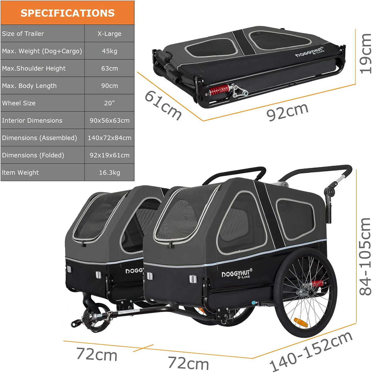 2026 Doggyhut S-Line XL Hundeanhänger & Hundebuggy mit Federung 2 in 1 Hunde Fahrradanhänger Jogger gefedert bis 45 kg