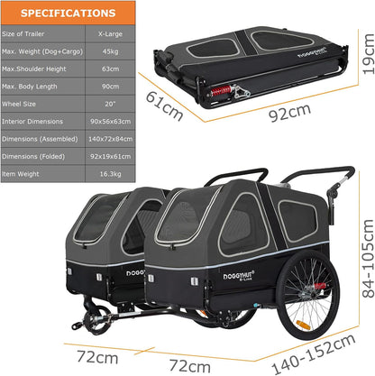 2026 Doggyhut S-Line XL Hundeanhänger & Hundebuggy mit Federung 2 in 1 Hunde Fahrradanhänger Jogger gefedert bis 45 kg