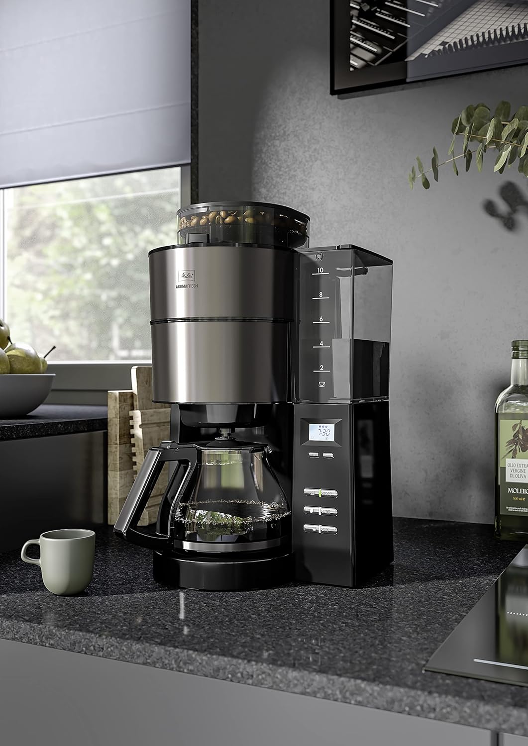 2026 Melitta AromaFresh - Filterkaffeemaschine - mit Glaskanne - integriertes Mahlwerk - Timer Funktion - 10 Tassen - Pure Black