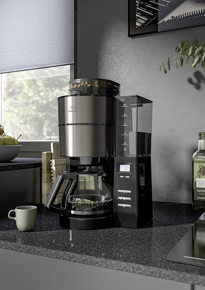 2026 Melitta AromaFresh - Filterkaffeemaschine - mit Glaskanne - integriertes Mahlwerk - Timer Funktion - 10 Tassen - Pure Black