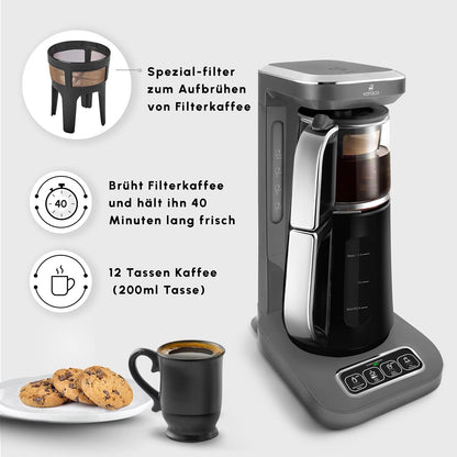 2026 Karaca Caysever Robotea Pro 4-in-1 Sprechender Automatischer Teekocher & Caydanlik, Filterkaffeemaschine, Breiwassererwärmer und Wasserkocher Teemaschine, 2500W, Space Gray Türkische Teekanne