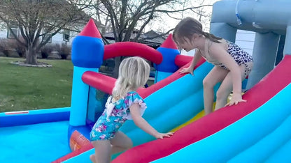 2026 Aufblasbare Wasserrutschen für Kinder, 8-in-1-Hüpfburg-Wasserpark mit 450-W-Gebläse, Kletterwand, Planschbecken, 2 Wasserkanonen, Basketballkorb, Wasserrutsche, Krokodilsprinkler als Geschenk für eine Gartenparty
