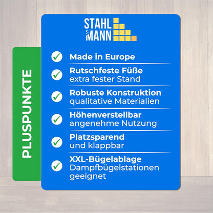 2026 STAHLMANN® Bügelbrett für Dampfbügelstation [130 × 48 cm] mit Ärmelbrett | schwarz | Made in Europe | inklusive Ärmelbrett | 100 % Baumwolle Turbobezug | extra stabil | höhenverstellbar