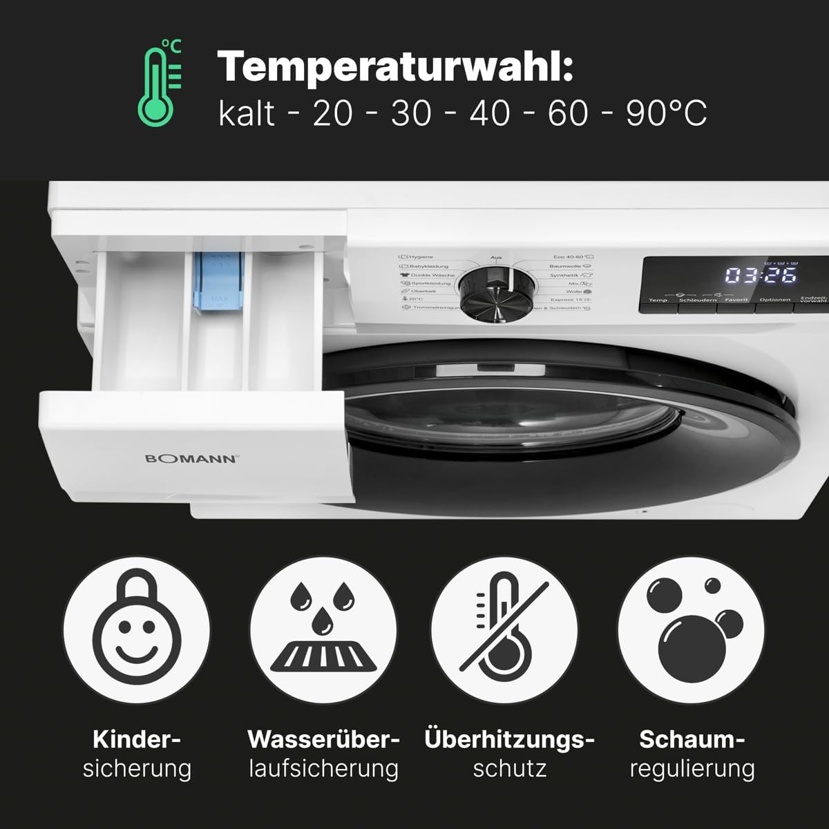 2026 Bomann Waschmaschine 7kg | max. 1400 U/min | 10 Jahre Motor-Garantie | effizienter, leiser & langlebiger Invertermotor | 15 Programme | Endzeitvorwahl | LED-Display | Washing Machine | WA 7175 wei