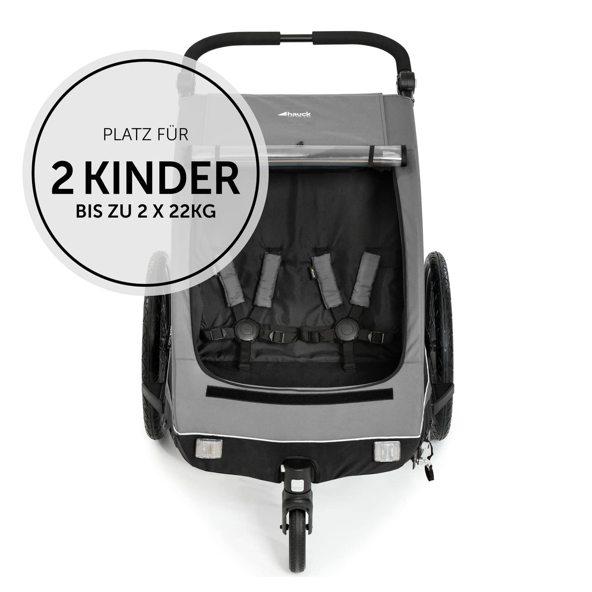 2026 hauck Fahrradanhänger & Kinderwagen Dryk Duo Plus mit Federung, für 2 Kinder (6-48 Monate), inkl. Deichsel, Buggyrad, Fahne und LED Licht, Faltbar, Höhenverstellbar, XL Kofferaum (Dark Green)