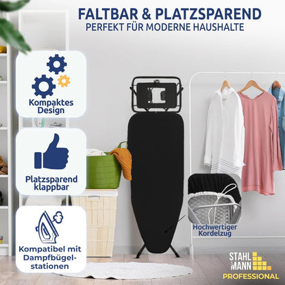 2026 STAHLMANN® Bügelbrett für Dampfbügelstation [130 × 48 cm] mit Ärmelbrett | schwarz | Made in Europe | inklusive Ärmelbrett | 100 % Baumwolle Turbobezug | extra stabil | höhenverstellbar