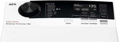 2026 AEG Waschmaschine Toplader, 40 cm, Testsieger Stiftung Warentest, 6 kg, Serie 7000 ProSteam-Dampf-Programm – Weniger Bügeln & mehr Frische, Mengenautomatik, Inverter Motor, 1200 U/min, LTR7A70260