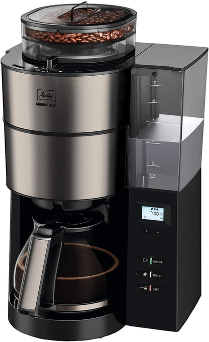 2026 Melitta AromaFresh - Filterkaffeemaschine - mit Glaskanne - integriertes Mahlwerk - Timer Funktion - 10 Tassen - Pure Black