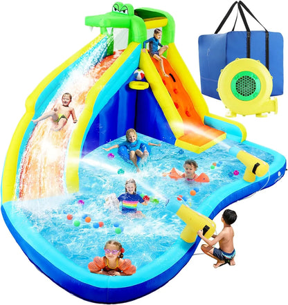 2026 Aufblasbare Wasserrutschen für Kinder, 8-in-1-Hüpfburg-Wasserpark mit 450-W-Gebläse, Kletterwand, Planschbecken, 2 Wasserkanonen, Basketballkorb, Wasserrutsche, Krokodilsprinkler als Geschenk für eine Gartenparty