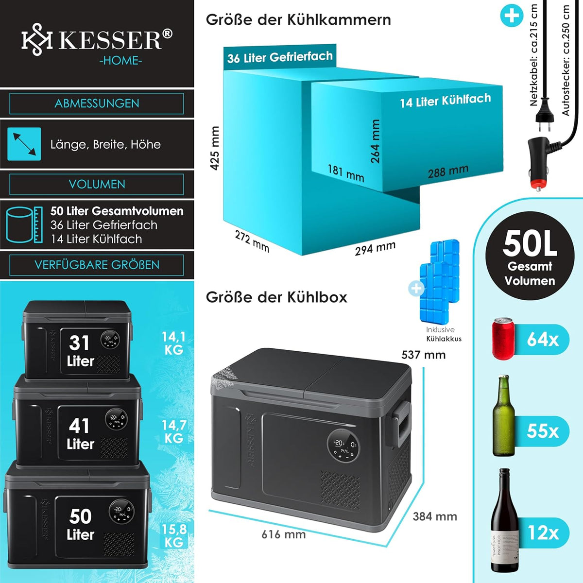 2026 KESSER Kompressor Kühlbox 2in1 Doppelzone Kühl & Gefrierfach elektrische Gefrierbox mit 2x Kühlakkus & LED-Touch-Bedienung | Kühlschrank Kühlung bis -20 °C für Camping, Auto, Lkw 12/24V 230V