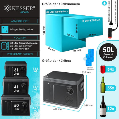 2026 KESSER Kompressor Kühlbox 2in1 Doppelzone Kühl & Gefrierfach elektrische Gefrierbox mit 2x Kühlakkus & LED-Touch-Bedienung | Kühlschrank Kühlung bis -20 °C für Camping, Auto, Lkw 12/24V 230V