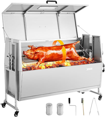 2026 VEVOR Drehspießgrill 38 W Spanferkelgrill Lammgrill Holzkohlegrill (132 cm Grilllänge) mit 60 kg Tragkraft & Rädern & 4-facher Höhenverstellung & Deckel, Edelstahl-Elektrogrill-Set für Camping