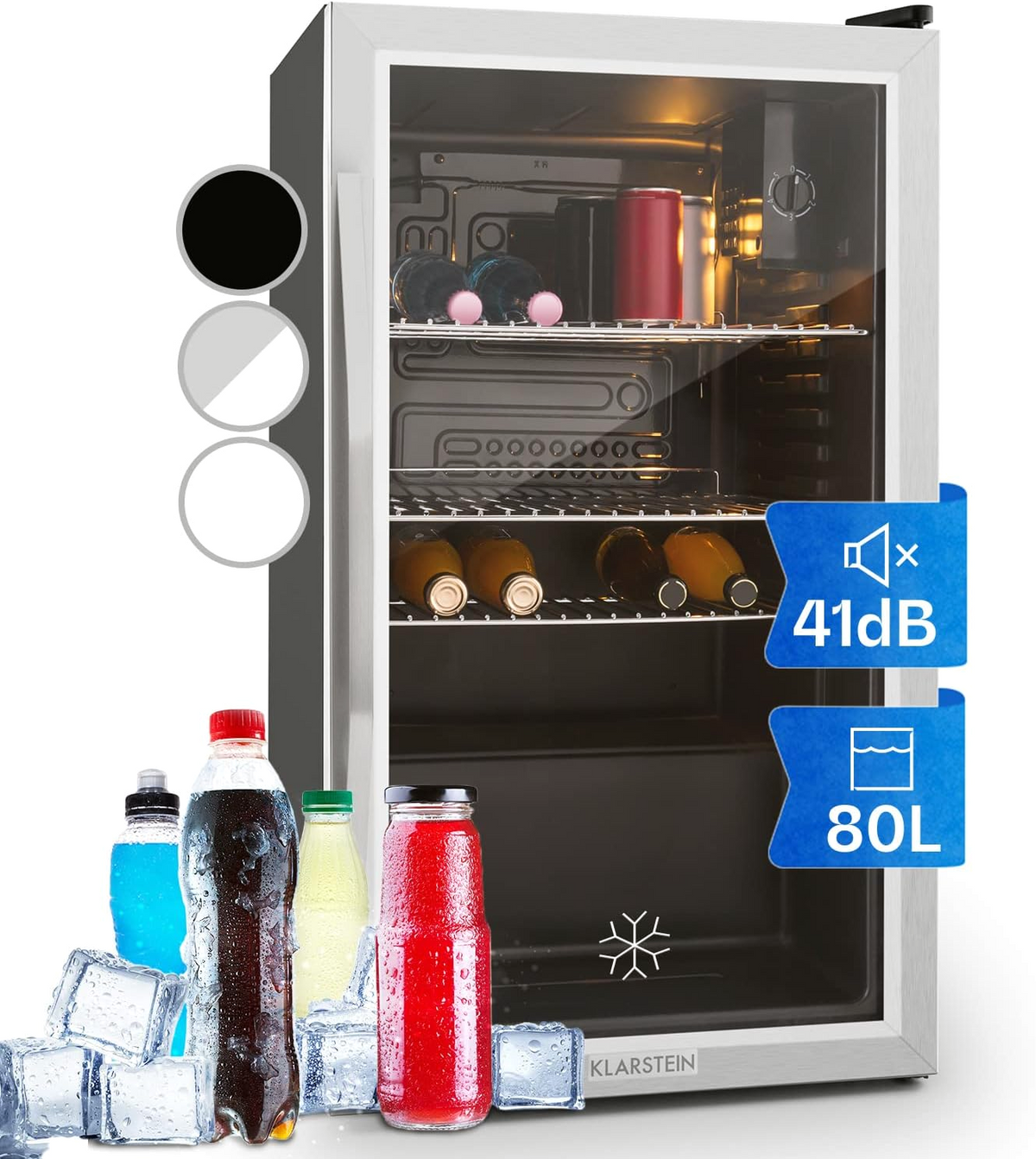2026 Klarstein Mini Kühlschrank mit Glastür für Zimmer, Getrnkekühlschrank mit Verstellbaren Ablagen, Kleiner 80 Liter, Indoor/Outdoor Kühlschrank Leise