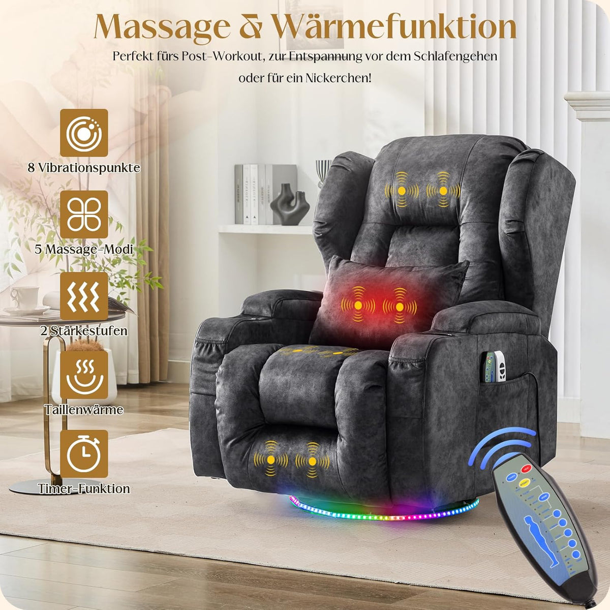 2026 Elektrischer Fernsehsessel Relaxsessel mit Liegefunktion,240°Drehsessel Kinosessel Massagesessel mit Wärmefunktion,TV Sessel Liegesessel fürs Wohnzimmer bis 150kg (Samtstoff, Grau)