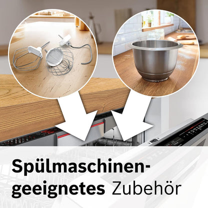 2026 Bosch Küchenmaschine Serie 4, Edelstahl-Schüssel 3,9 L, Knethaken, Schlag- und Rührbesen Edelstahl spülmaschinenfest, Mixer 1,25 L, Durchlaufschnitzler, 3 Scheiben, 1000 W, Weiß, MUM58W20