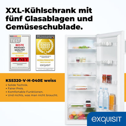 2026 Exquisit Kühlschrank ohne Gefrierfach, Großer Kühlschrank, 5 Ablagen, 242 Liter, Vollraumkühlschrank 143 cm hoch, KS5320-V-H-040E weiss