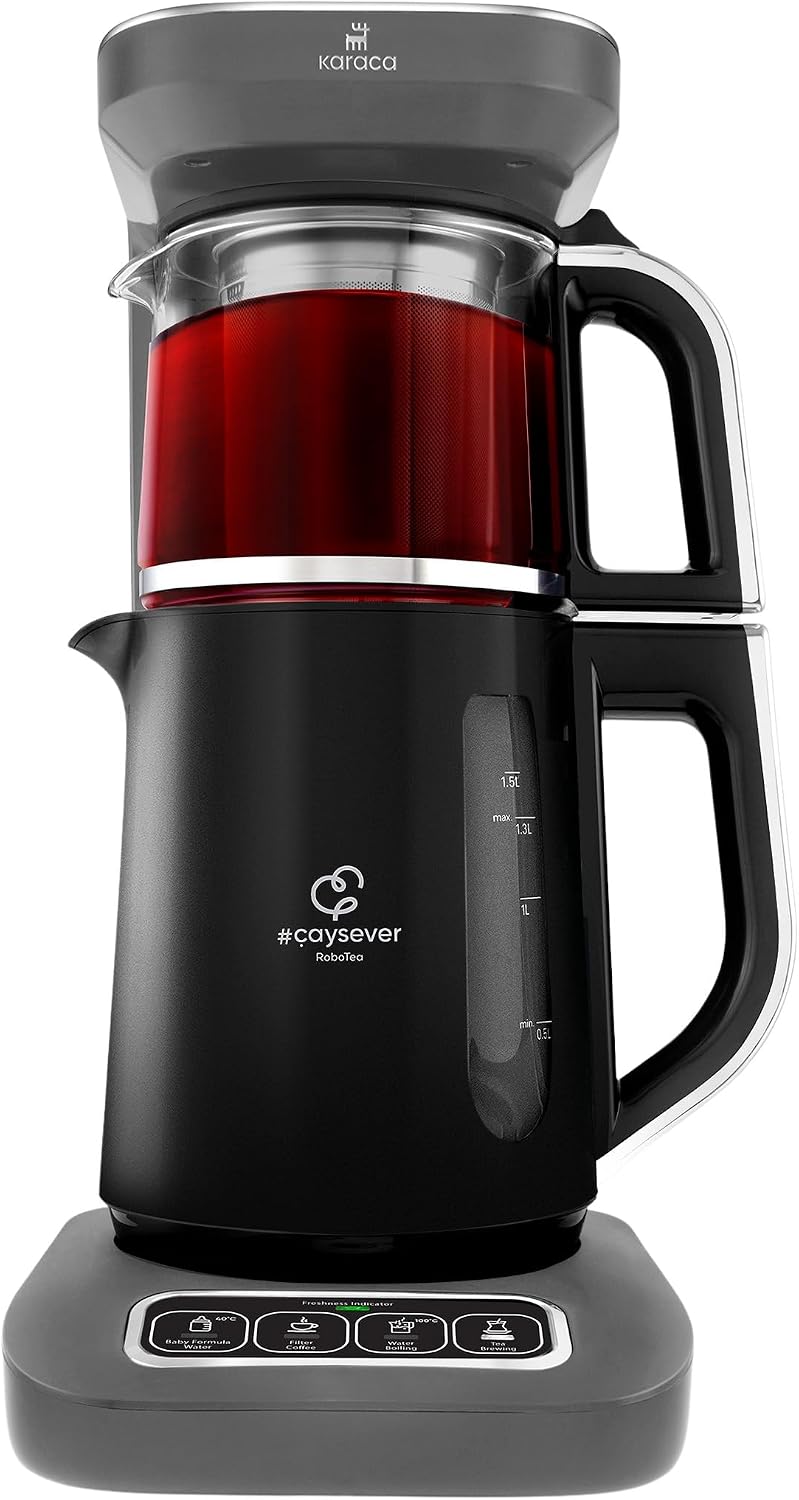 2026 Karaca Caysever Robotea Pro 4-in-1 Sprechender Automatischer Teekocher & Caydanlik, Filterkaffeemaschine, Breiwassererwärmer und Wasserkocher Teemaschine, 2500W, Space Gray Türkische Teekanne