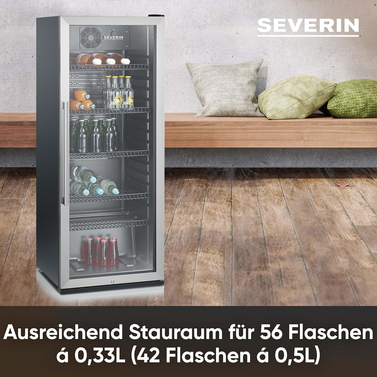 2026 SEVERIN Flaschenkühlschrank, mit integriertem Schloss und integrierter LED-Beleuchtung, 118 L Nutzinhalt, schwarz/silber, FSK 8840