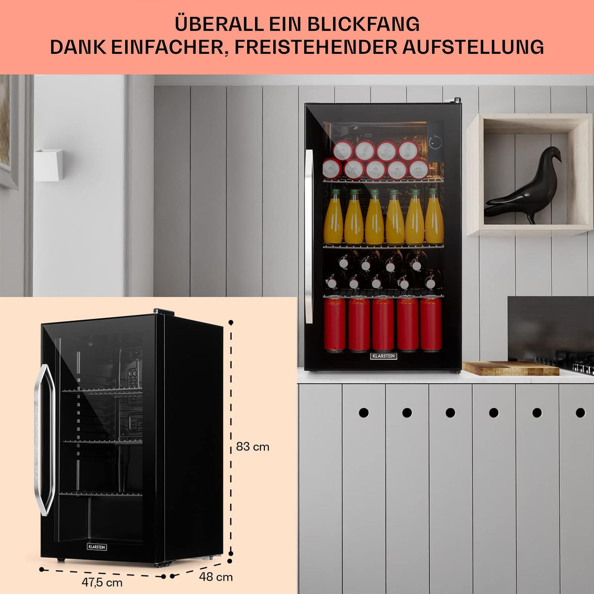 2026 Klarstein Mini Kühlschrank mit Glastür für Zimmer, Getrnkekühlschrank mit Verstellbaren Ablagen, Kleiner 80 Liter, Indoor/Outdoor Kühlschrank Leise