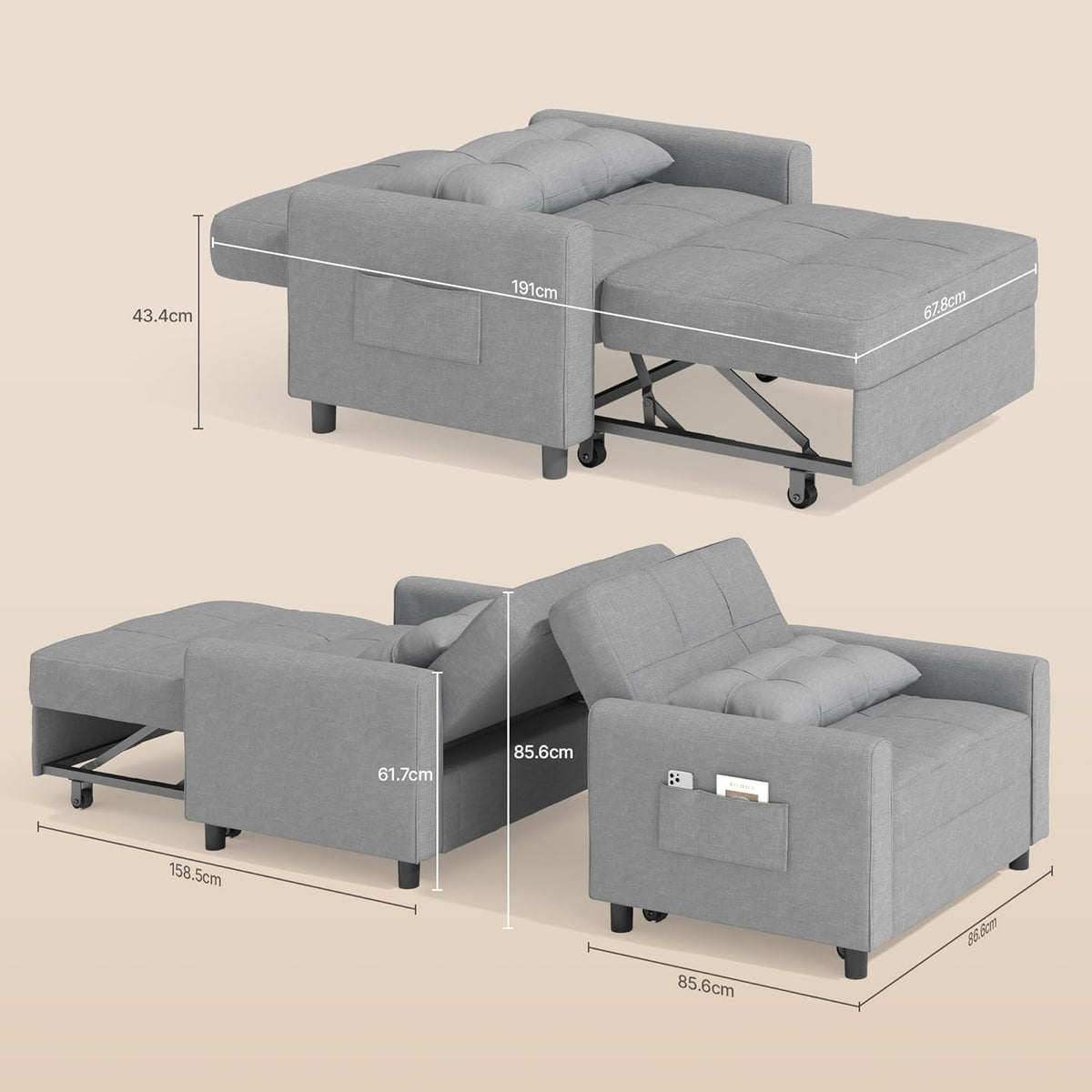 2026 Bealife Relaxsessel, Schlafsessel mit Verstellbarer Rückenlehne, Fernsehsessel, Klappbares Schlafsofa, Relaxsessel fürs Wohnzimmer,Schlafzimmer (Hellgrau)