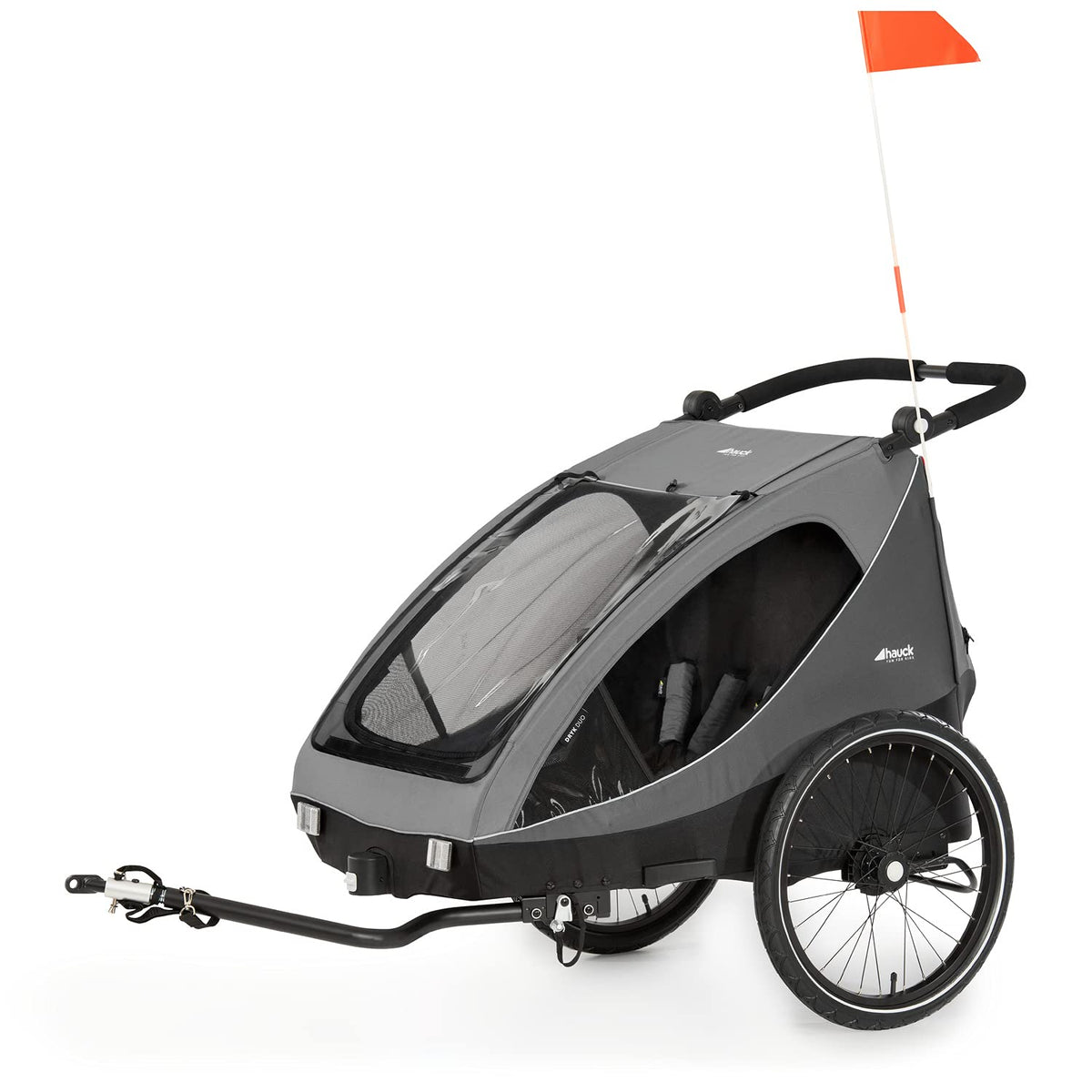 2026 hauck Fahrradanhänger & Kinderwagen Dryk Duo Plus mit Federung, für 2 Kinder (6-48 Monate), inkl. Deichsel, Buggyrad, Fahne und LED Licht, Faltbar, Höhenverstellbar, XL Kofferaum (Dark Green)