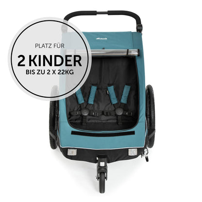 2026 hauck Fahrradanhänger & Kinderwagen Dryk Duo Plus mit Federung, für 2 Kinder (6-48 Monate), inkl. Deichsel, Buggyrad, Fahne und LED Licht, Faltbar, Höhenverstellbar, XL Kofferaum (Dark Green)