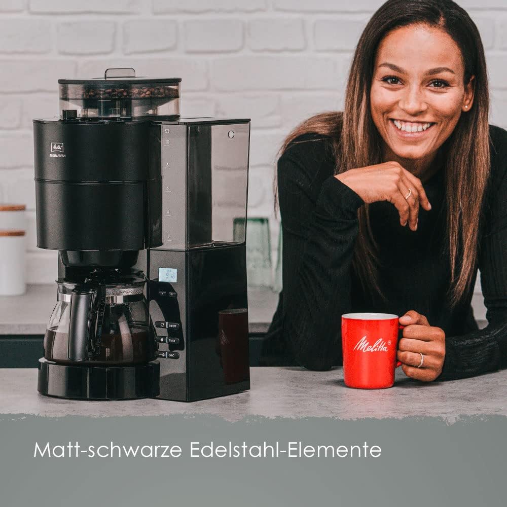 2026 Melitta AromaFresh - Filterkaffeemaschine - mit Glaskanne - integriertes Mahlwerk - Timer Funktion - 10 Tassen - Pure Black