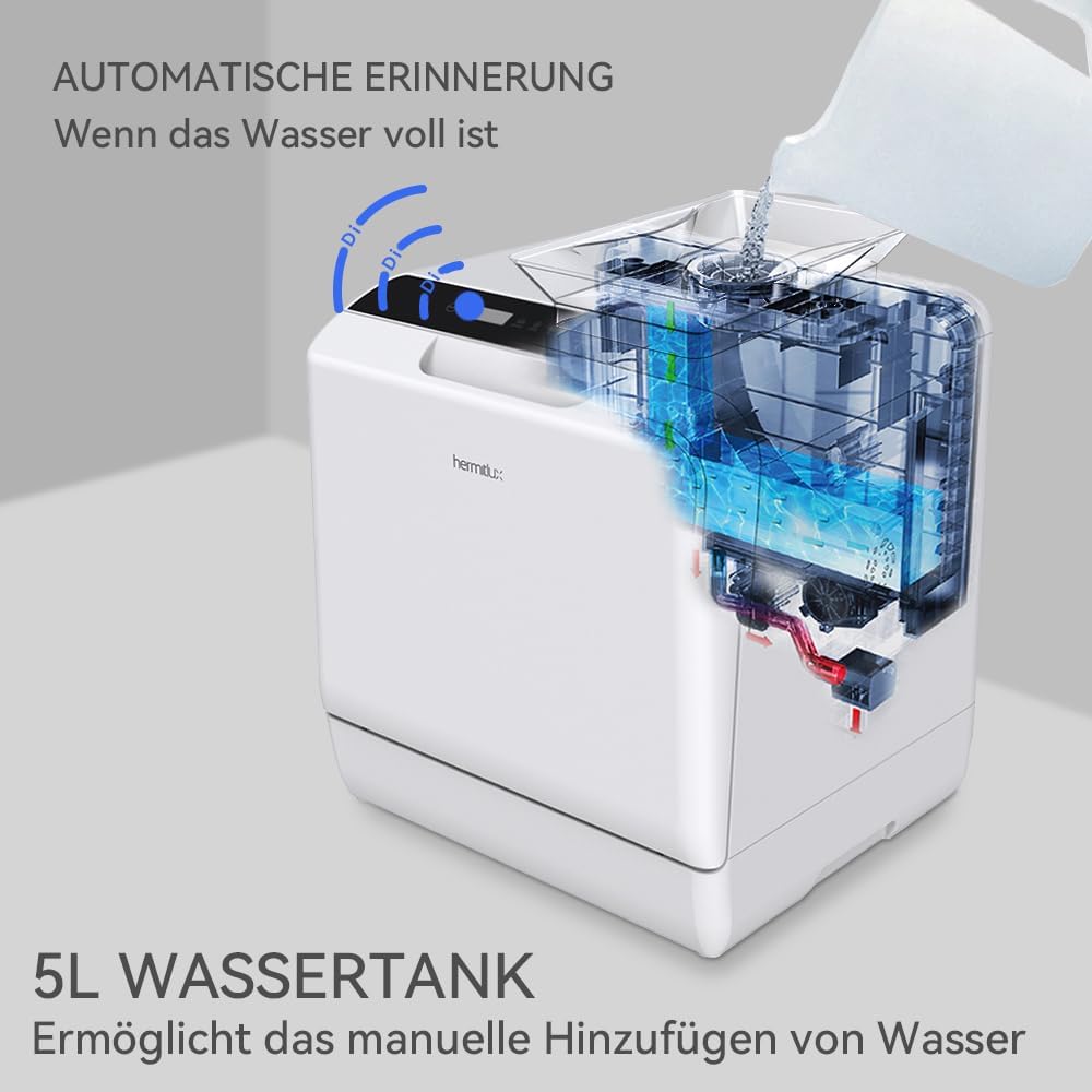 2026 Hermitlux Mini Geschirrspüler, Spülmaschine für 4 Bestecksätze, 5 Liter Wassertank, 6 Programme Mini Tischgeschirrspüler, Perfekt für Wohnungen, Schlafsäle, Camping, Weiß