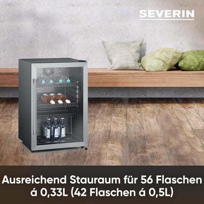 2026 SEVERIN Flaschenkühlschrank, mit integriertem Schloss und integrierter LED-Beleuchtung, 118 L Nutzinhalt, schwarz/silber, FSK 8840