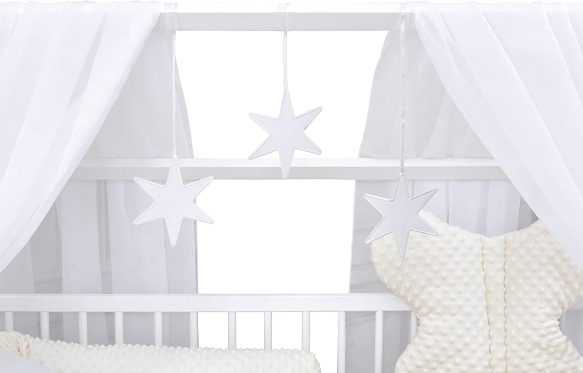 2026 Baby Delux Babybett Komplett Set Hausbett 60x120 cm weiß Schublade Rausfallschutz Kinderbett Matratze Bettwäsche Deko Set (Prince Stars)