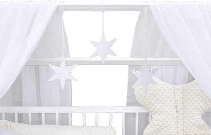 2026 Baby Delux Babybett Komplett Set Hausbett 60x120 cm weiß Schublade Rausfallschutz Kinderbett Matratze Bettwäsche Deko Set (Prince Stars)