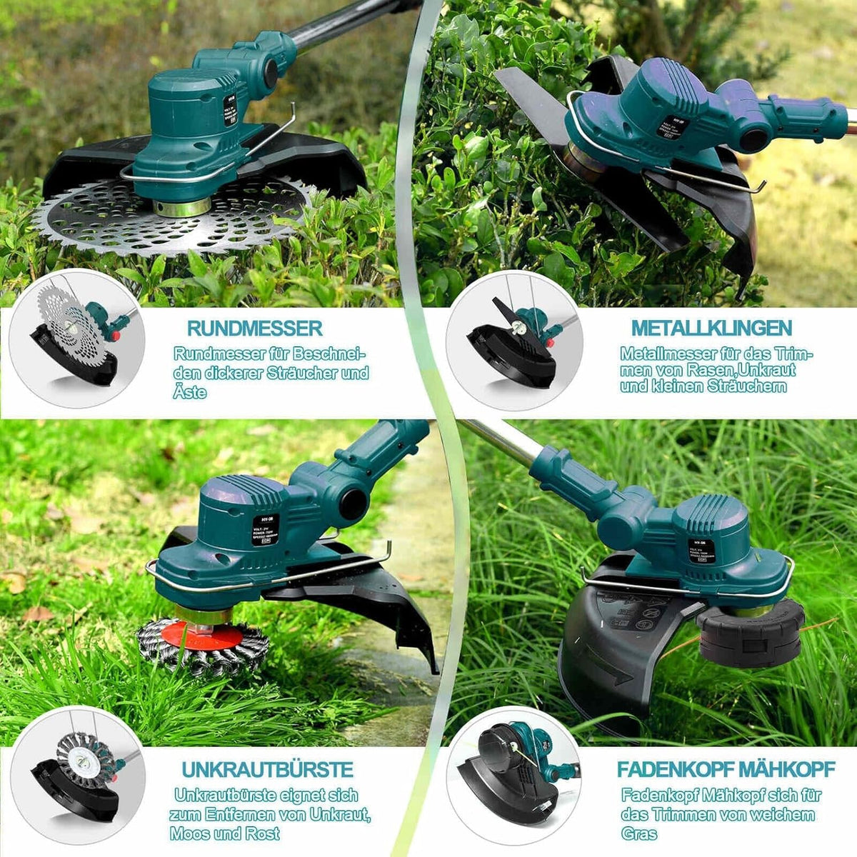 2026 Hengriacly Rasentrimmer mit Akku 21V, Akku Rasentrimmer für Makita Akku, Rasentrimmer mit Unkrautbürste, Freischneider akku, Motorsense Akku- Inkl. 2X4.0Ah Akku & Ladegerät, 750W Bürstenloser Motor