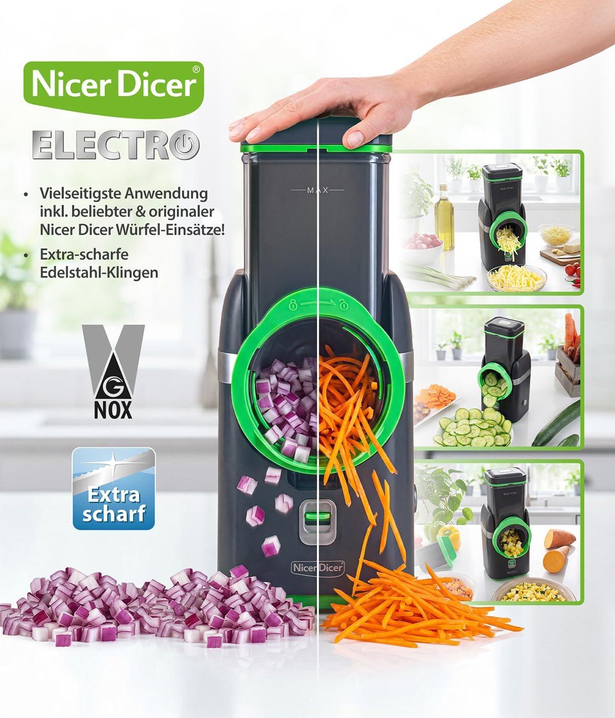 2026 Nicer Dicer Electro Gemüsehobel elektrisch Deluxe Set 32 tlg, Gemüseschneider automatisch, Käsereibe für Gemüse, Obst, Nüsse, 9 Extrascharfe Einsätze, Einfache Reinigung, Leistungsstark