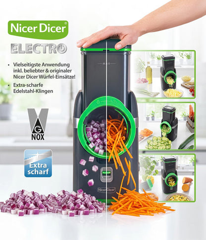 2026 Nicer Dicer Electro Gemüsehobel elektrisch Deluxe Set 32 tlg, Gemüseschneider automatisch, Käsereibe für Gemüse, Obst, Nüsse, 9 Extrascharfe Einsätze, Einfache Reinigung, Leistungsstark