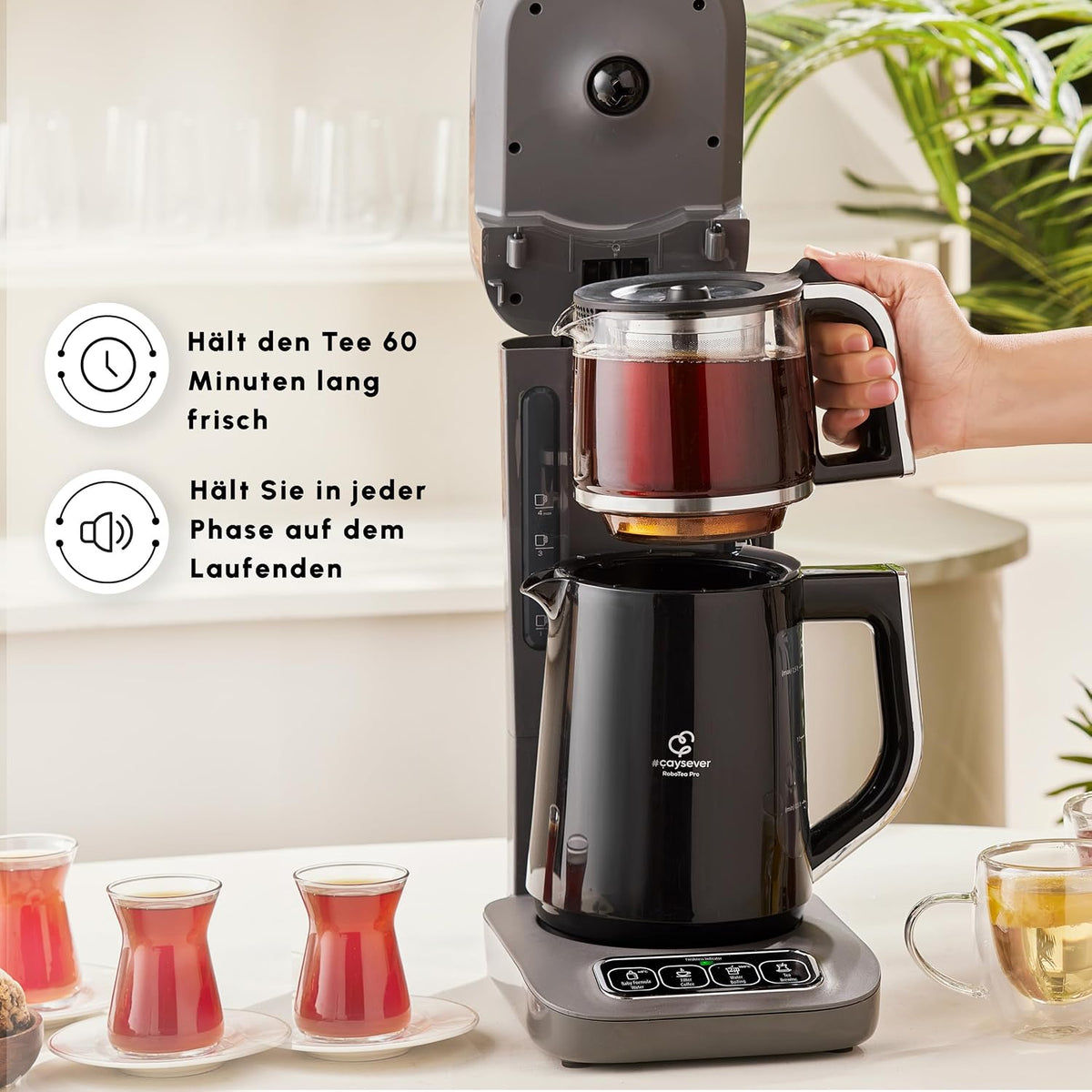 2026 Karaca Caysever Robotea Pro 4-in-1 Sprechender Automatischer Teekocher & Caydanlik, Filterkaffeemaschine, Breiwassererwärmer und Wasserkocher Teemaschine, 2500W, Space Gray Türkische Teekanne