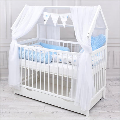 2026 Baby Delux Babybett Komplett Set Hausbett 60x120 cm weiß Schublade Rausfallschutz Kinderbett Matratze Bettwäsche Deko Set (Prince Stars)