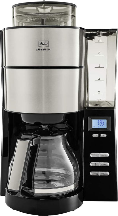2026 Melitta AromaFresh - Filterkaffeemaschine - mit Glaskanne - integriertes Mahlwerk - Timer Funktion - 10 Tassen - Pure Black