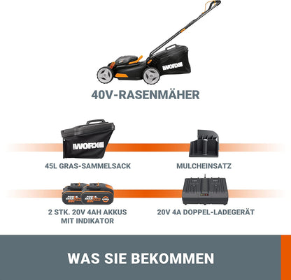 2026 WORX WG743E Akku-Rasenmäher 40V – Profi Rasenmäher mit Mulchfunktion & PowerShare Akku – Rasenmähen ohne Kabel – Ideal für Gärten bis zu 500m²