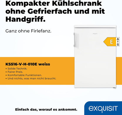 2026 Exquisit Kühlschrank ohne Gefrierfach, 133 Liter, Vollraumkühlschrank freistehend, Türanschlag Wechselbar, KS516-V-H-010D weiss